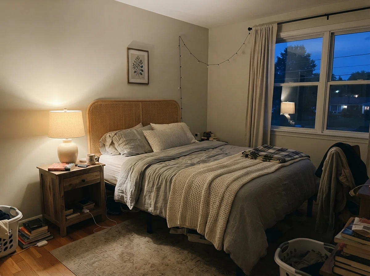 Bedroom with cane headboard and painted wall illuminated by a warm table lamp at evening.