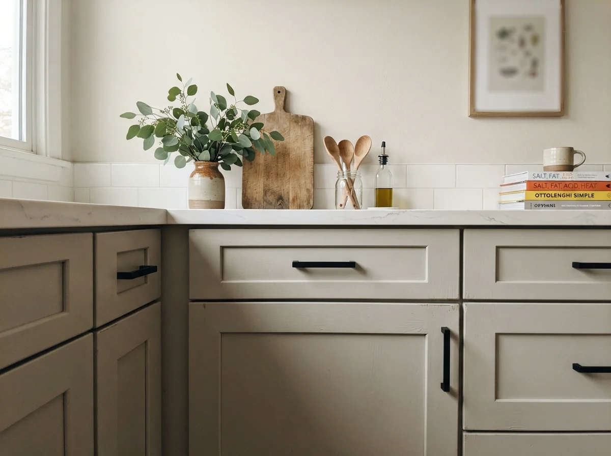 Painted shaker cabinet fronts with matte black hardware and white quartz counter.