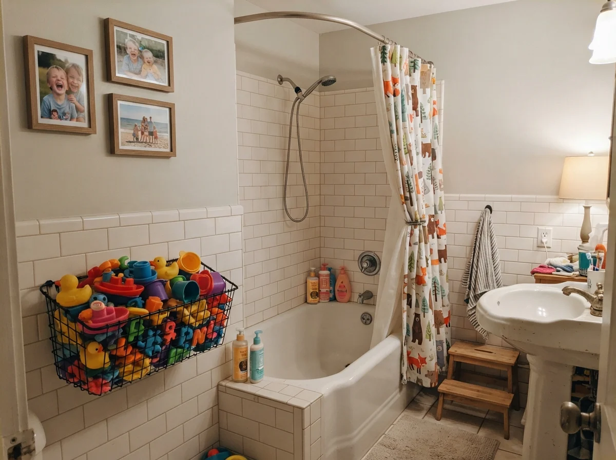 Kids' bathroom with white subway tile, wire basket of bath toys, and warm evening lighting on the walls.
