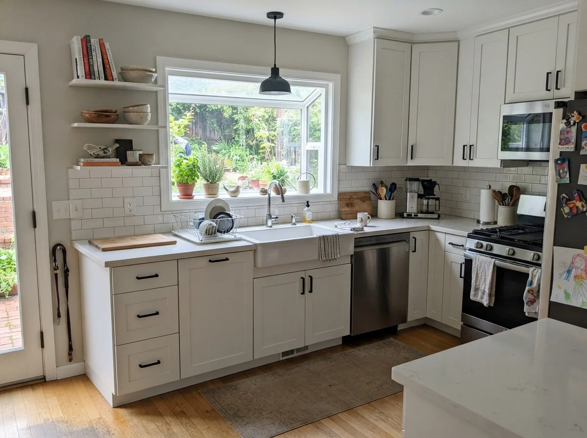 Kitchen with painted shaker cabinets, white subway backsplash, and light oak floors.