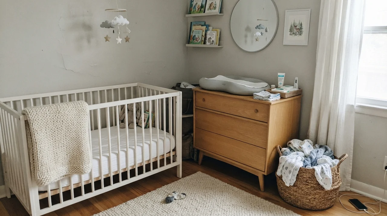 Nursery with painted walls, white crib, and light wood changing dresser.