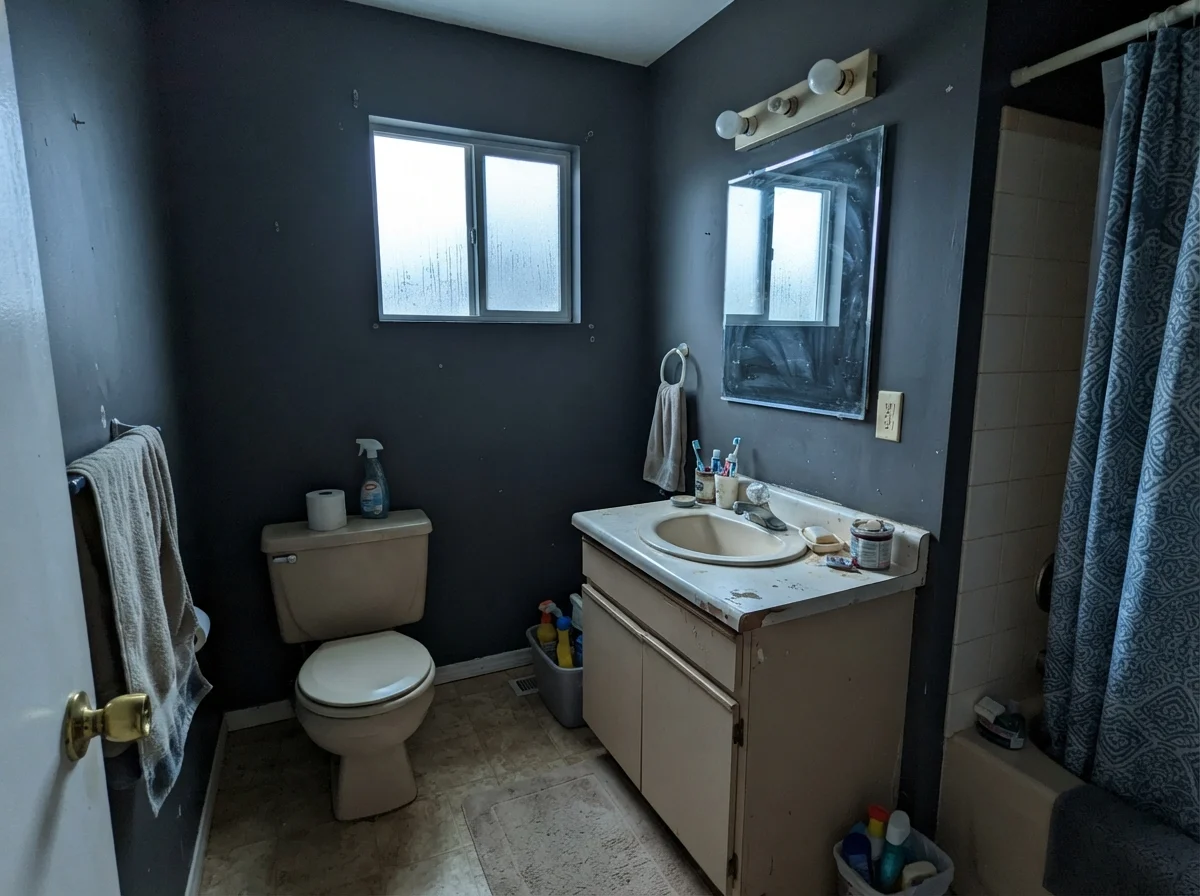 Dated bathroom with cool light on Cyberspace walls, older beige vanity, and small window