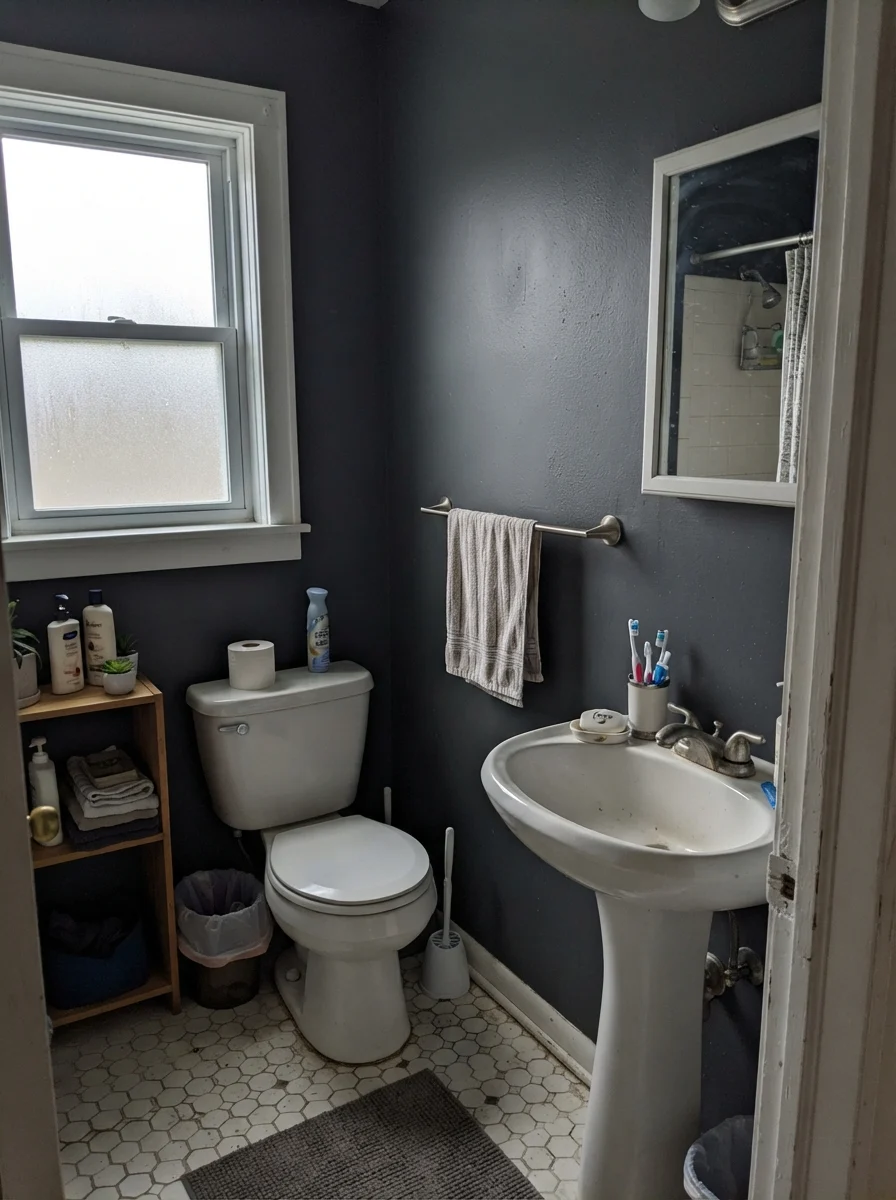 Small bathroom with Cyberspace painted walls reading gray in flat light with white fixtures