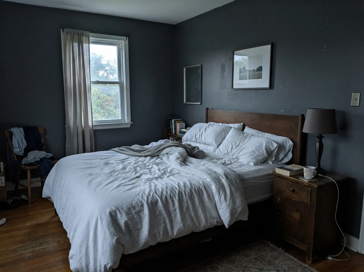 Bedroom in cool early-morning light with unmade white bedding, wooden nightstand, and Cyberspace walls