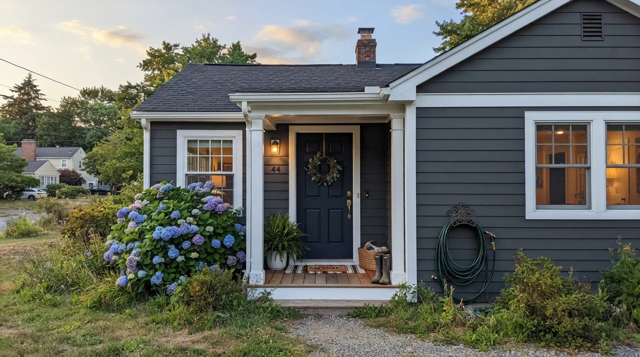 House exterior with Cyberspace horizontal siding, white trim, dark navy front door, porch, and hydrangea bushes