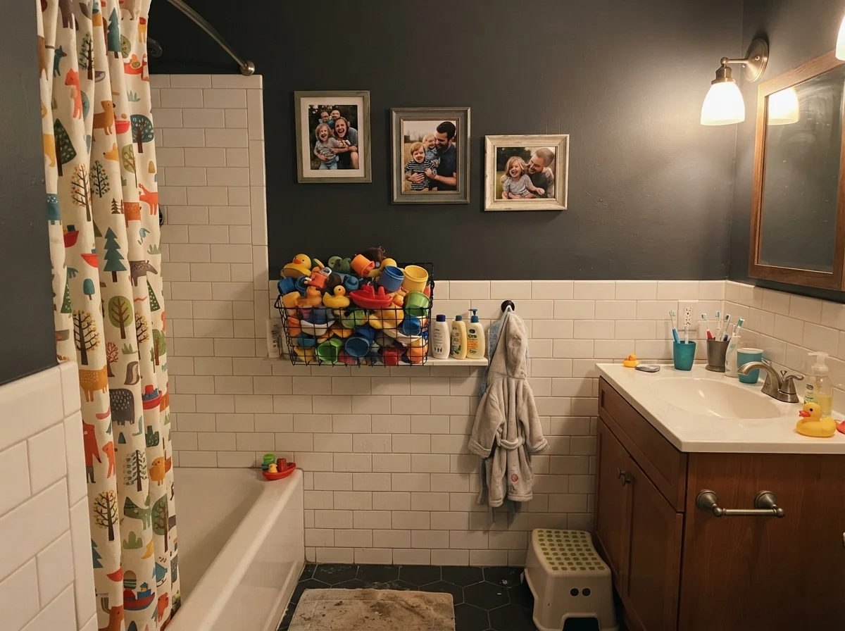 Kids' bathroom with Cyberspace upper walls above subway tile, bath toys in wire basket, and family photos