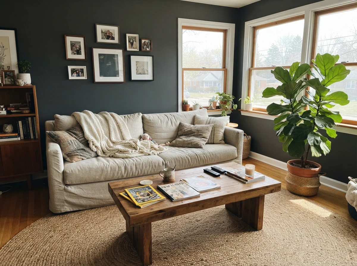 Living room with Cyberspace painted walls, linen sofa, wood coffee table, jute rug, and potted plant