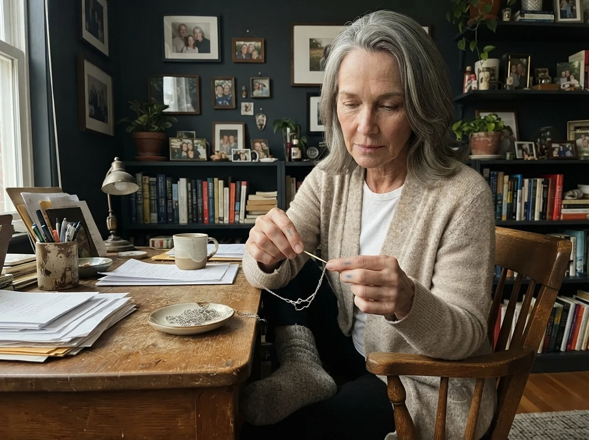 Susan Hartley sitting at her desk untangling a silver chain in front of deep Cyberspace walls