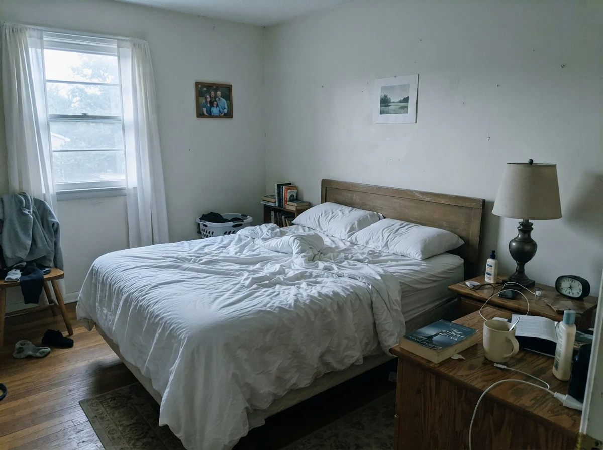 Bedroom with unmade white bedding and wood nightstand under cool early morning light.