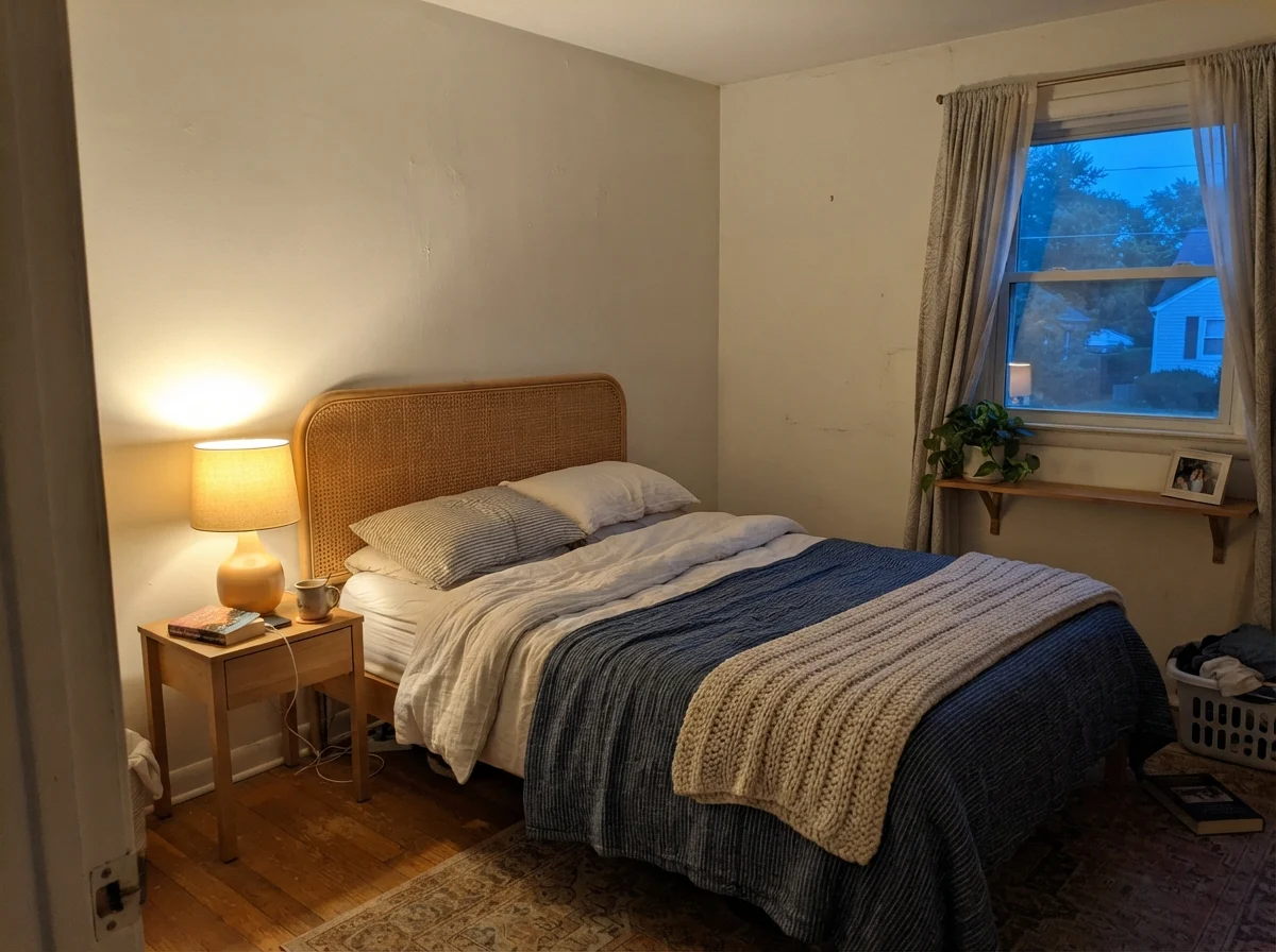 Bedroom with rattan headboard and warm lamp glowing against painted wall at evening.