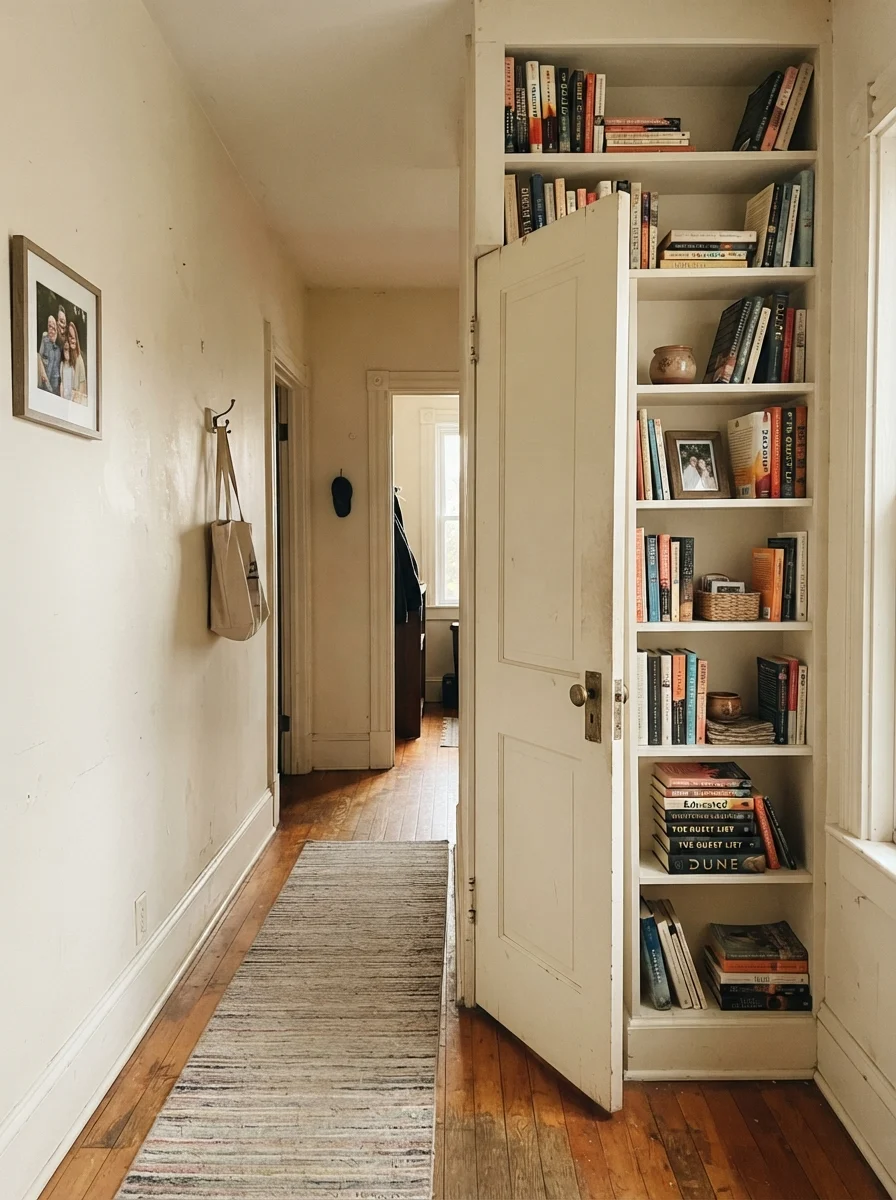 Hallway built-in bookshelf and two-panel door painted cream beside stacked books.