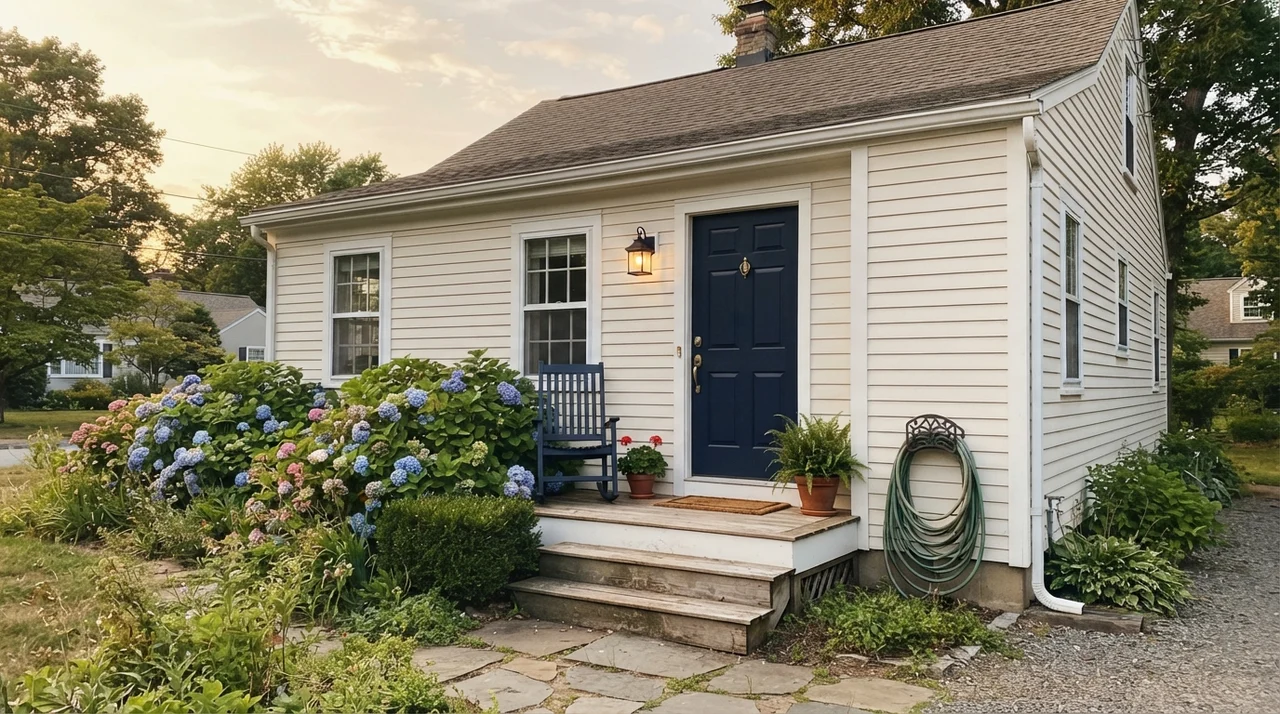 Exterior siding painted Dover White with white trim, dark navy door, and garden hose on hook.