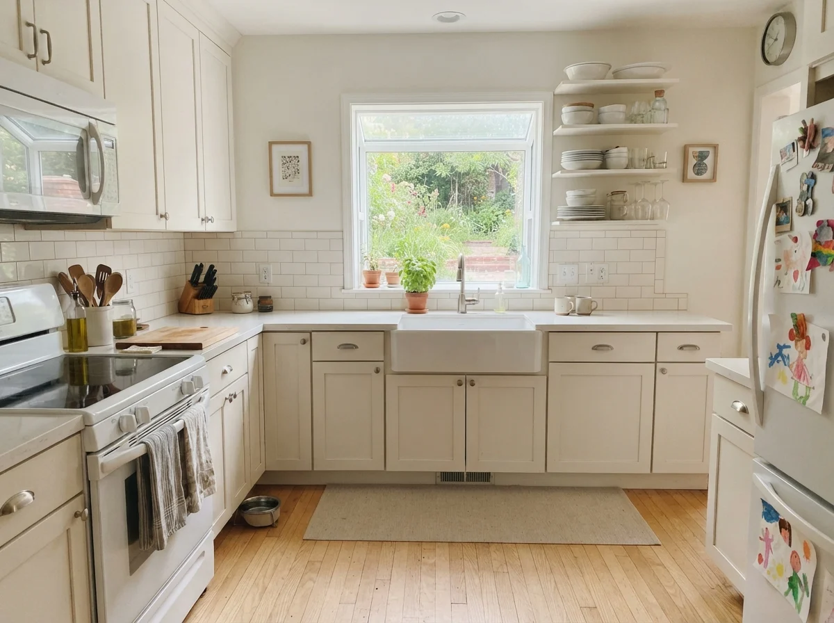 Kitchen shaker cabinets painted cream beside white subway backsplash and white counters.