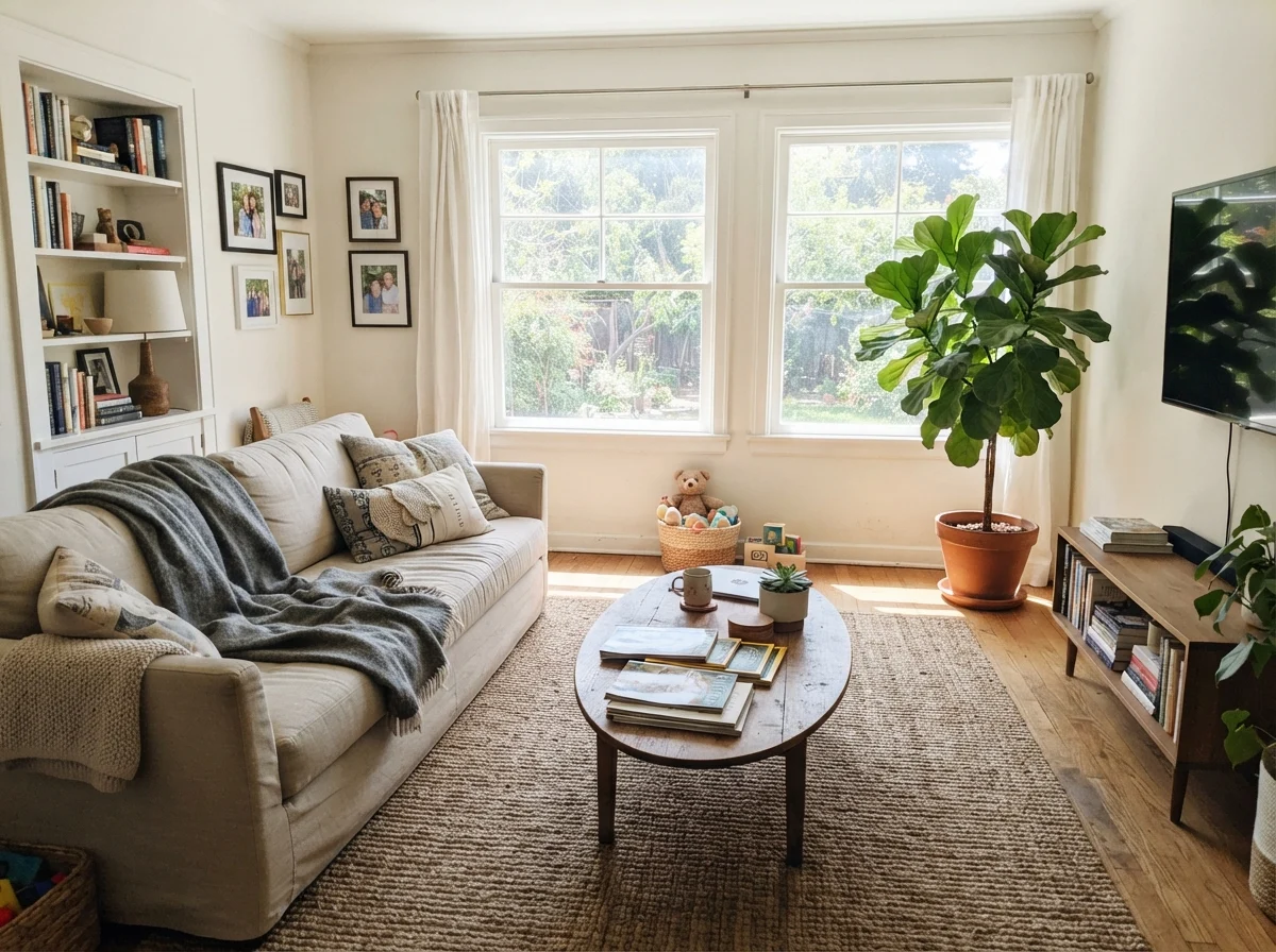 Living room with linen sofa, jute rug, and wood coffee table under midday sun.