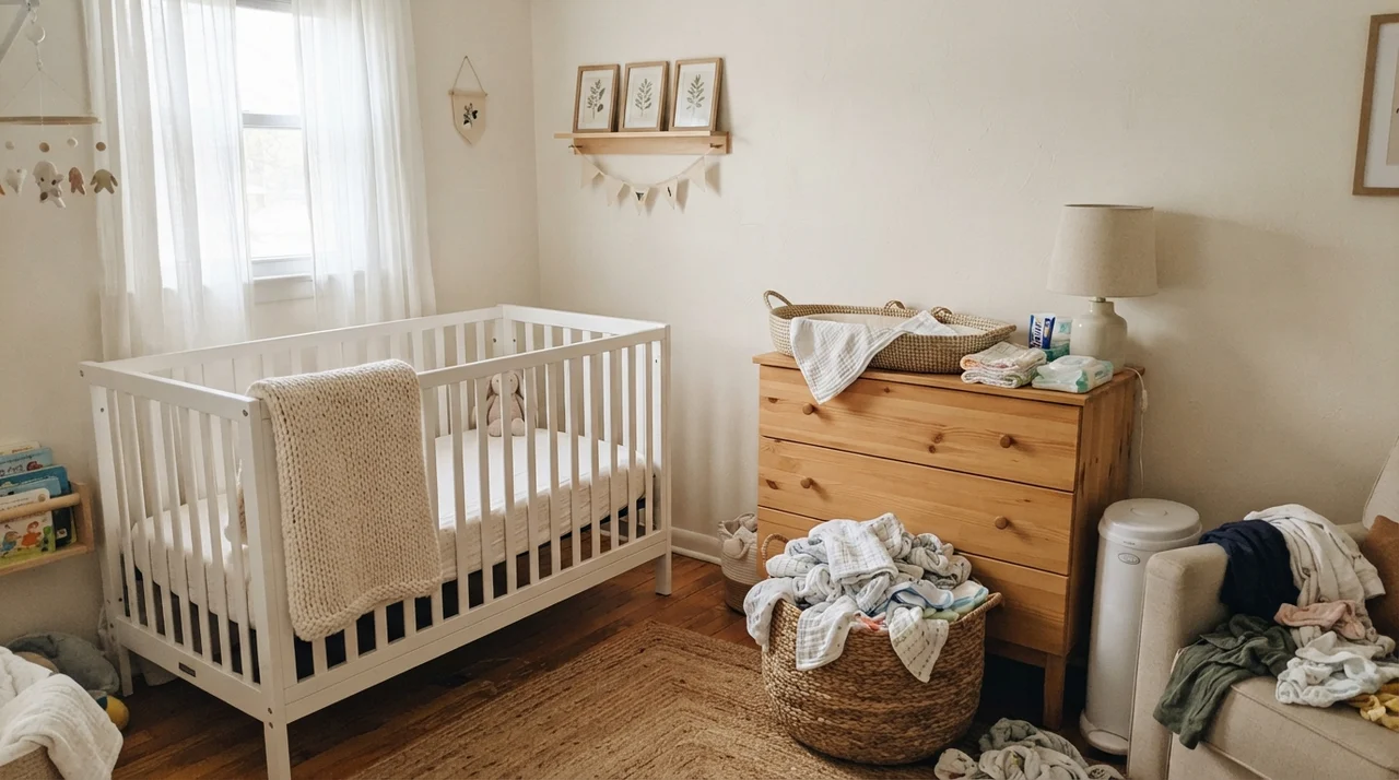Nursery with white crib, light-wood dresser, and woven basket.