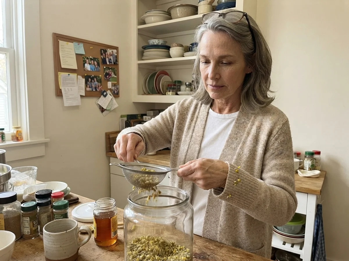 Susan sifting chamomile blossoms at the counter surrounded by Dover White walls.