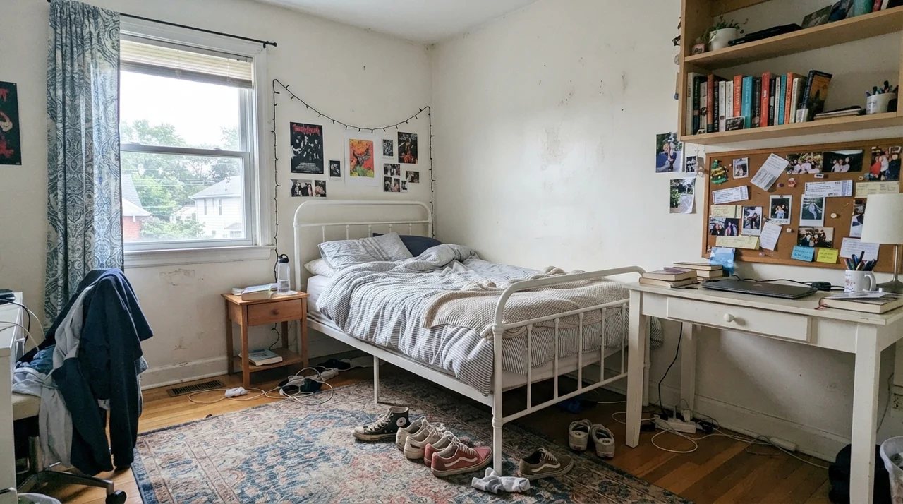 Teenager bedroom with white metal bed frame, desk, shelves, and sneakers on rug.