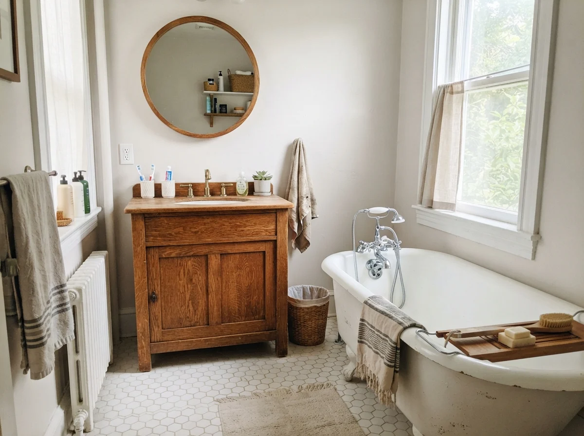 Cottage bathroom with white clawfoot tub, hex tile floor, warm oak vanity, and painted walls.