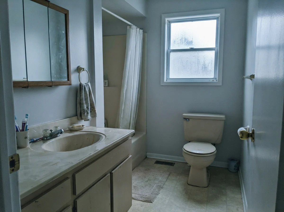Modest dated bathroom where painted walls take on a cool, shadowed cast beside a beige vanity.
