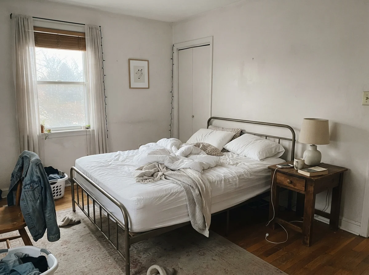 Bedroom with unmade white bedding and wood nightstand showing pale painted walls in cool early morning daylight.