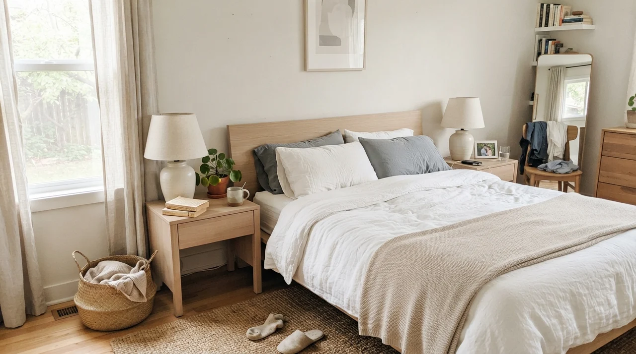 Main bedroom with painted walls, pale oak nightstands, and crisp white linen bedding in soft daylight.
