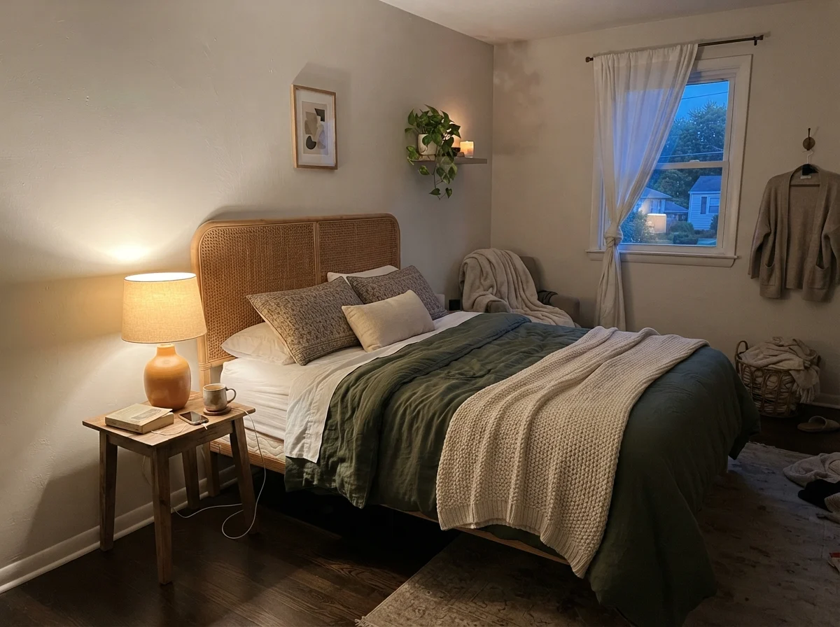 Bedroom at dusk with a warm table lamp glowing on painted walls behind a cane headboard.