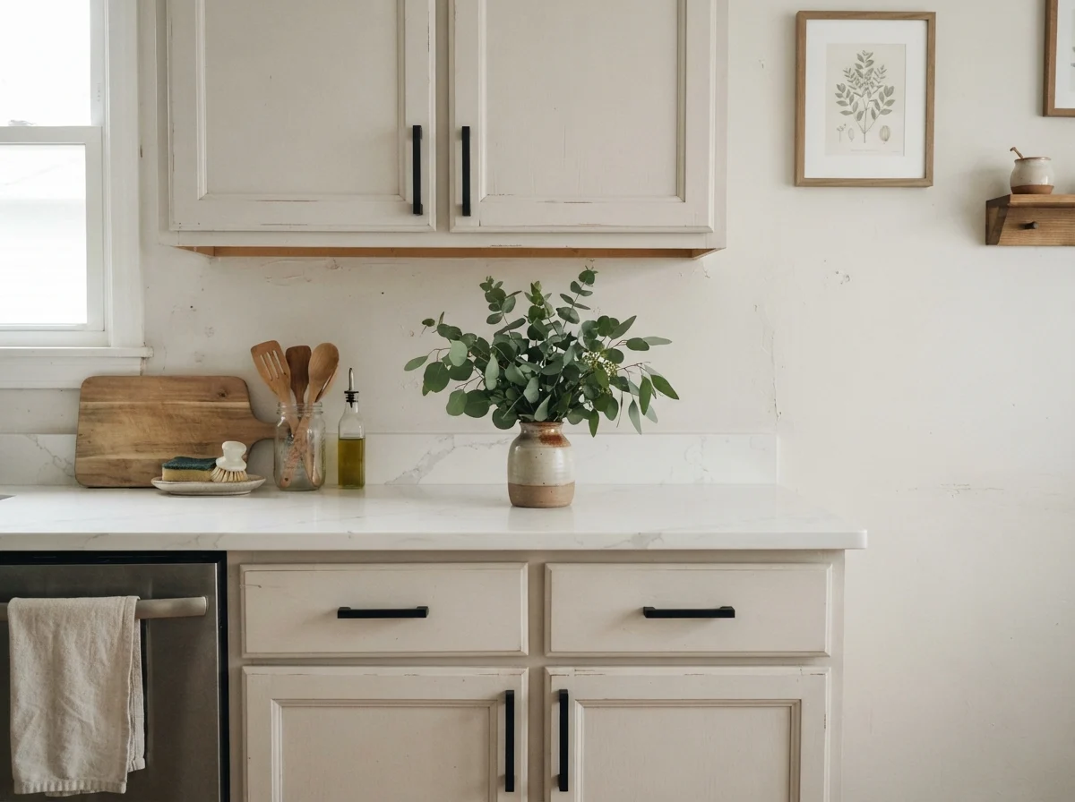 Close-up of shaker cabinet doors painted in Eider White with matte black hardware and white quartz counter.