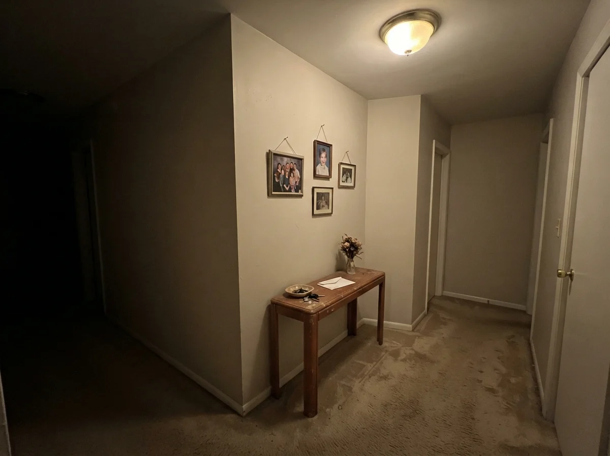 Dim windowless hallway corner where painted wall looks muddy, flat, and putty-like under single ceiling bulb.
