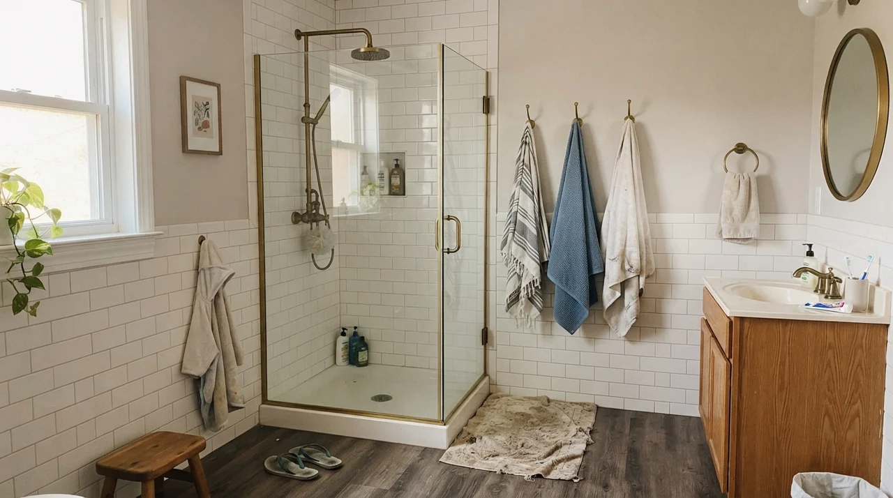 Family bathroom upper walls painted in Sherwin-Williams Eider White above white subway tile wainscot with brass fixtures.