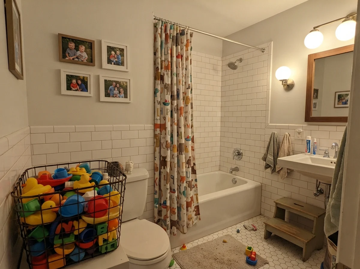 Kids bathroom with painted walls over white subway tile wainscot, shower curtain, and colorful toys under warm light.