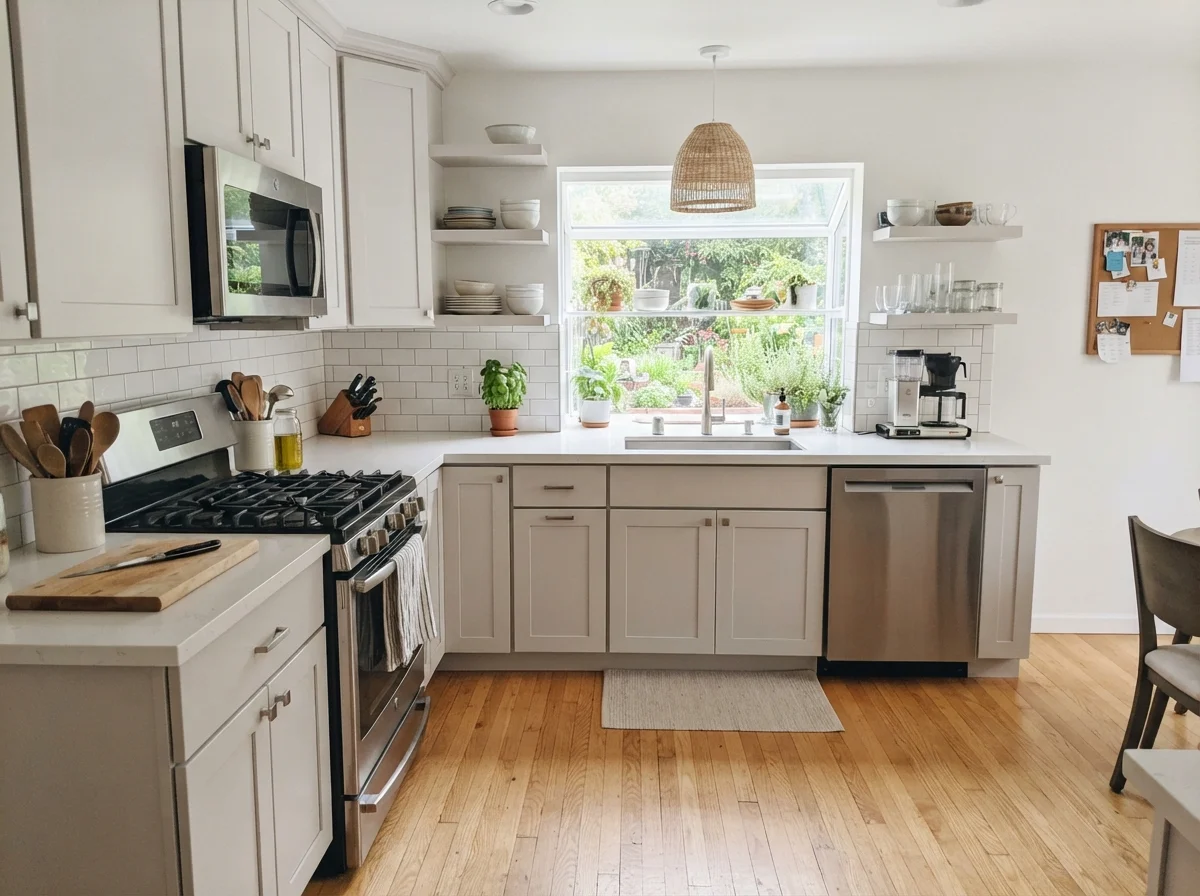 Kitchen shaker cabinets painted in Sherwin-Williams Eider White with white counters and subway tile backsplash.