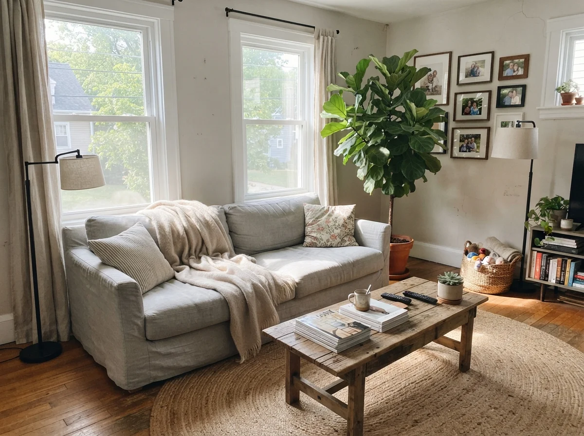 Living room with generous midday sun, painted walls, linen sofa, wood coffee table, and jute rug.