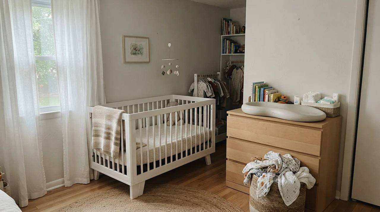 Nursery with painted walls, white crib, knit blanket, and light wood dresser under diffuse window light.