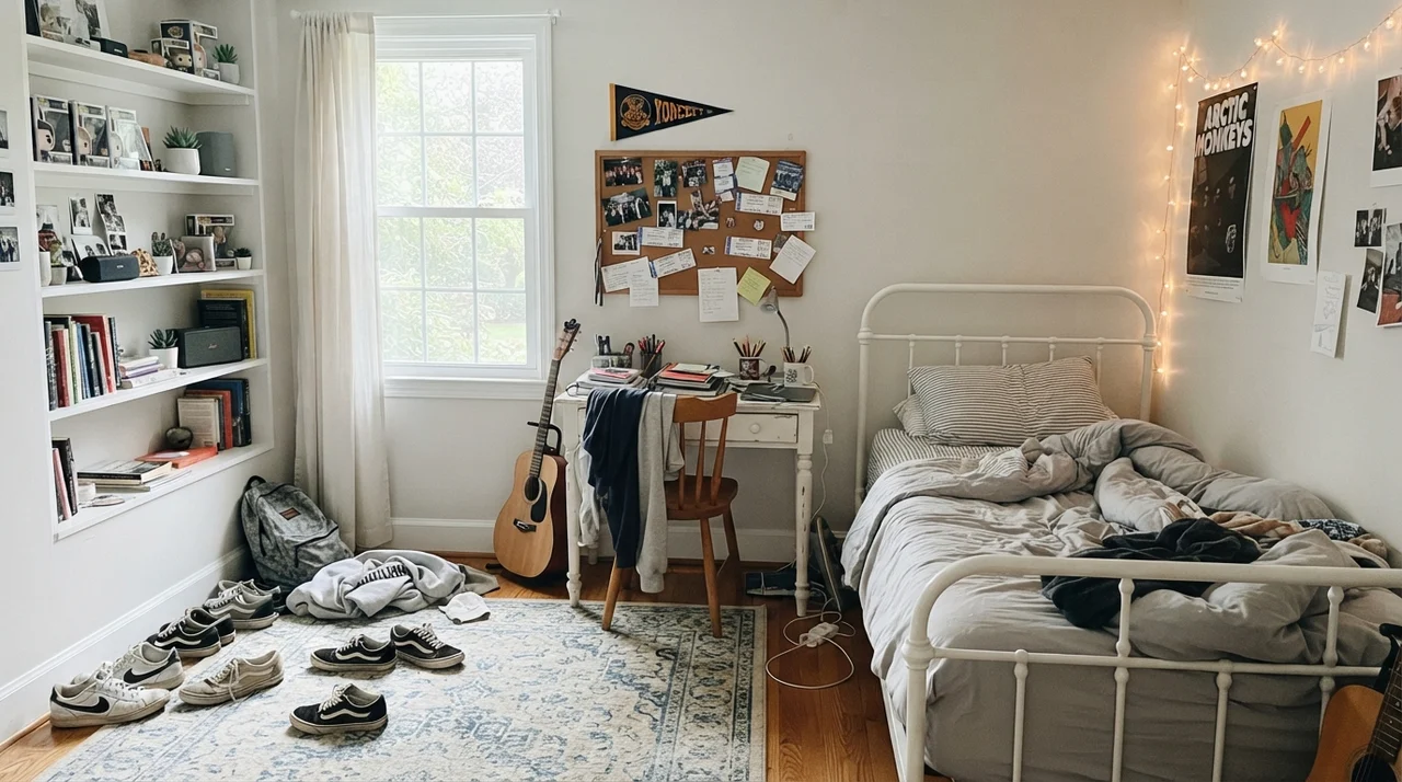 Teenager bedroom with white metal bed frame, small white desk, and painted walls under bright window daylight.