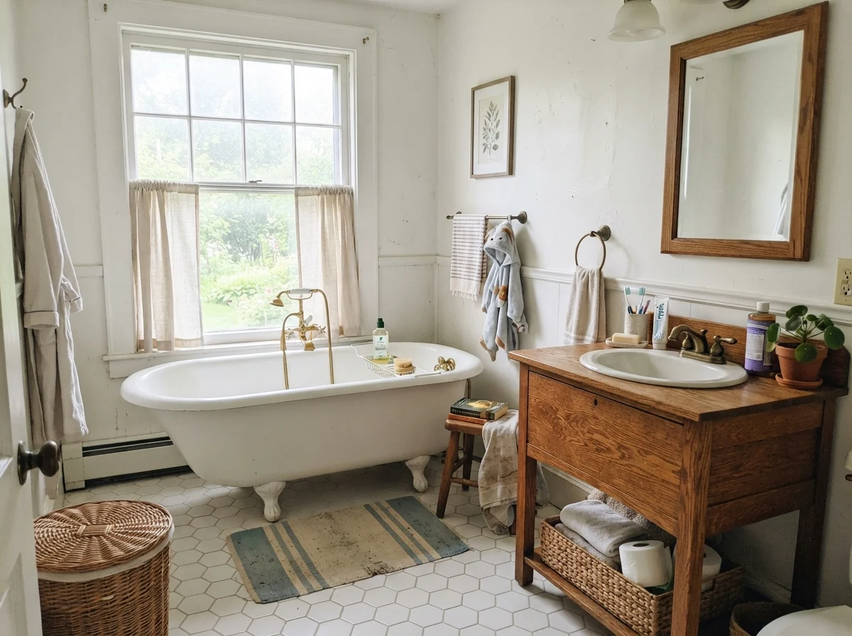 Cottage bathroom featuring white clawfoot tub, hex tile floor, and oak vanity.