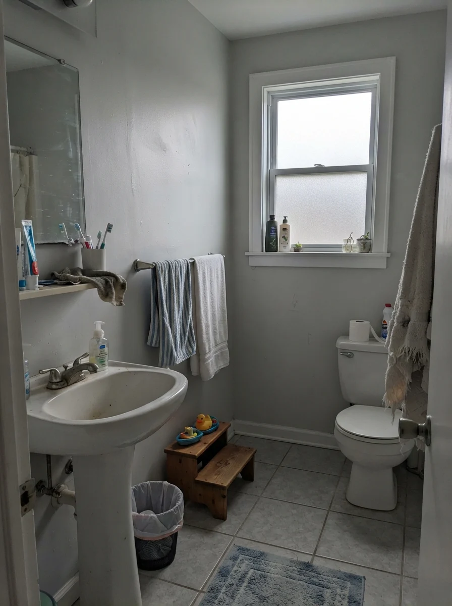 Small bathroom with painted walls showing muted gray tone under flat overcast light.