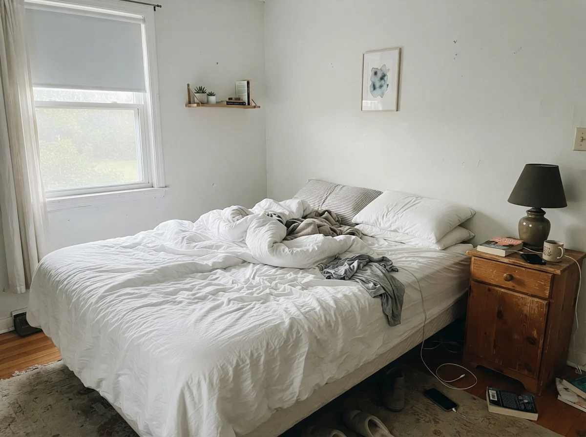 Simple bedroom with unmade white bedding and pale painted walls in cool early light.