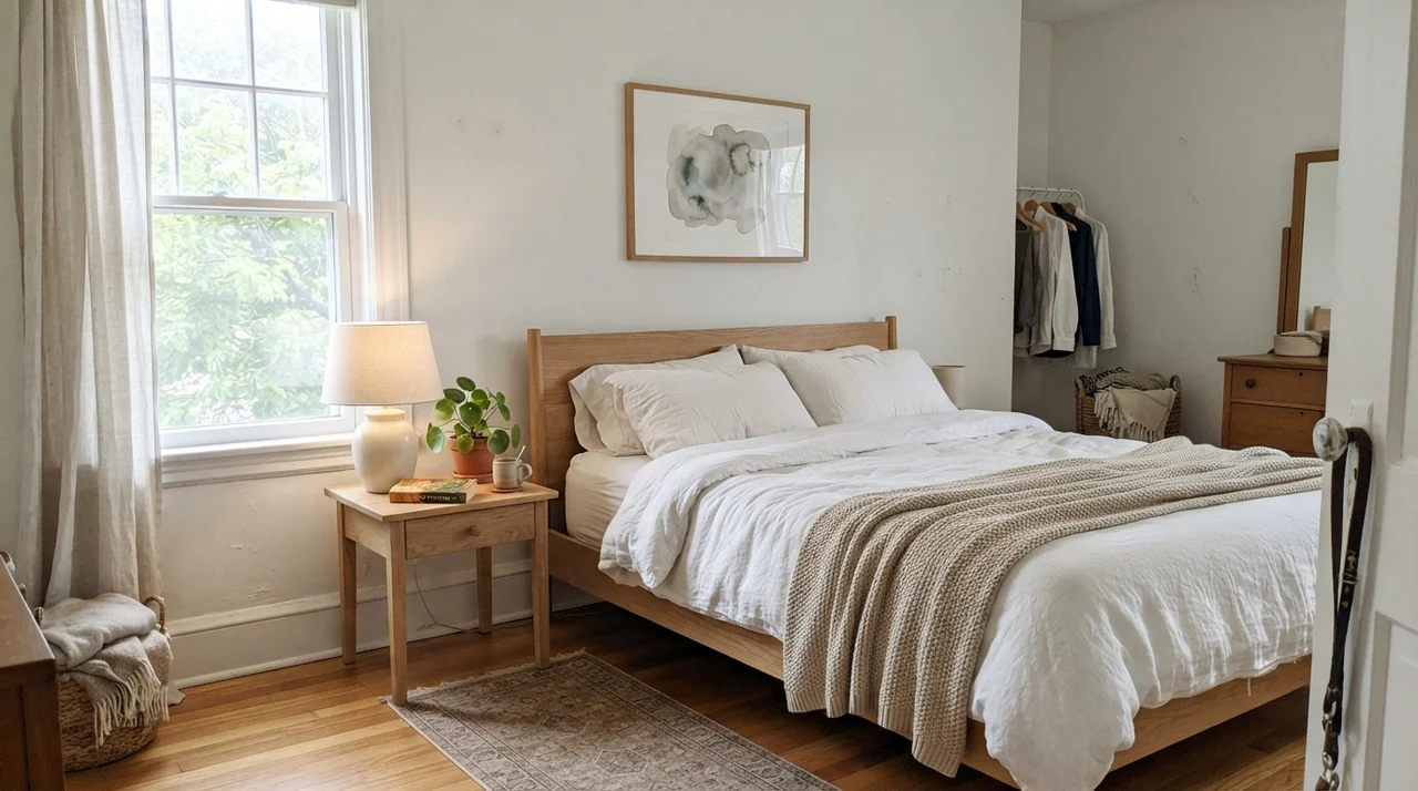 Serene bedroom with painted walls, pale oak nightstands, and crisp white linen.