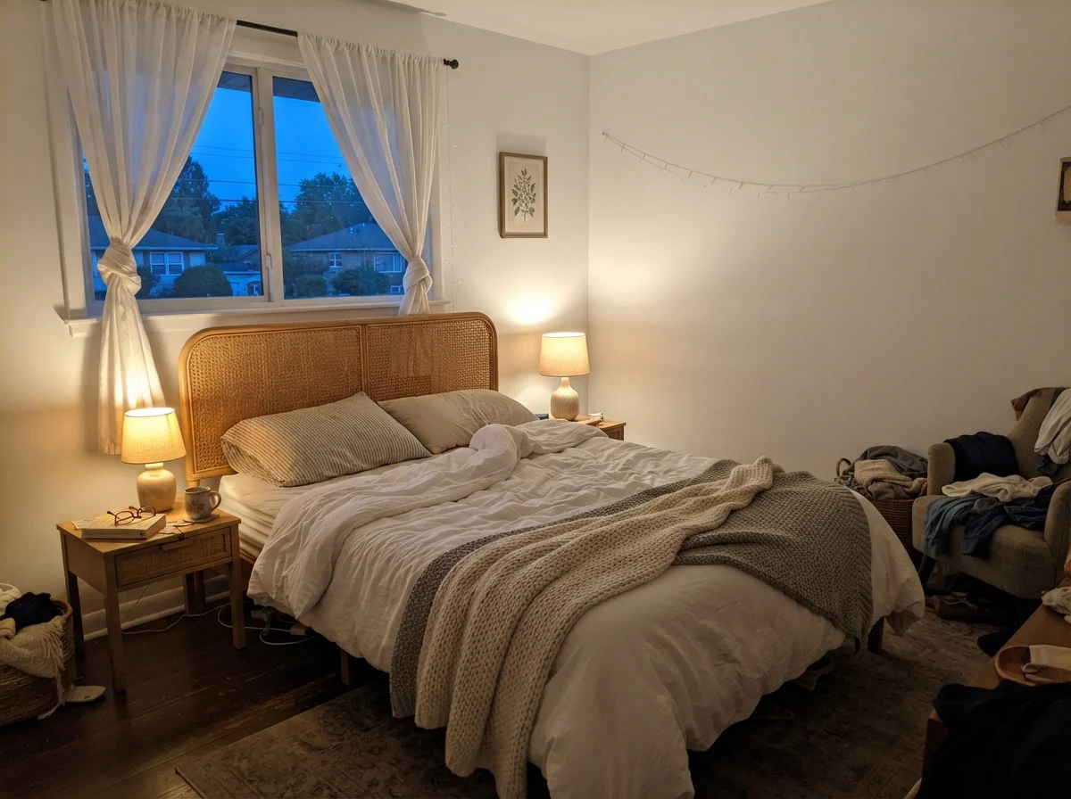 Bedroom at evening with warm lamp glow against painted wall and cane headboard.