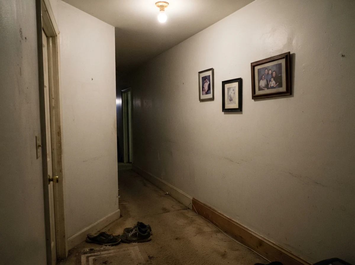 Windowless hallway corner with muddy-looking painted wall over beige carpet under a single bulb.