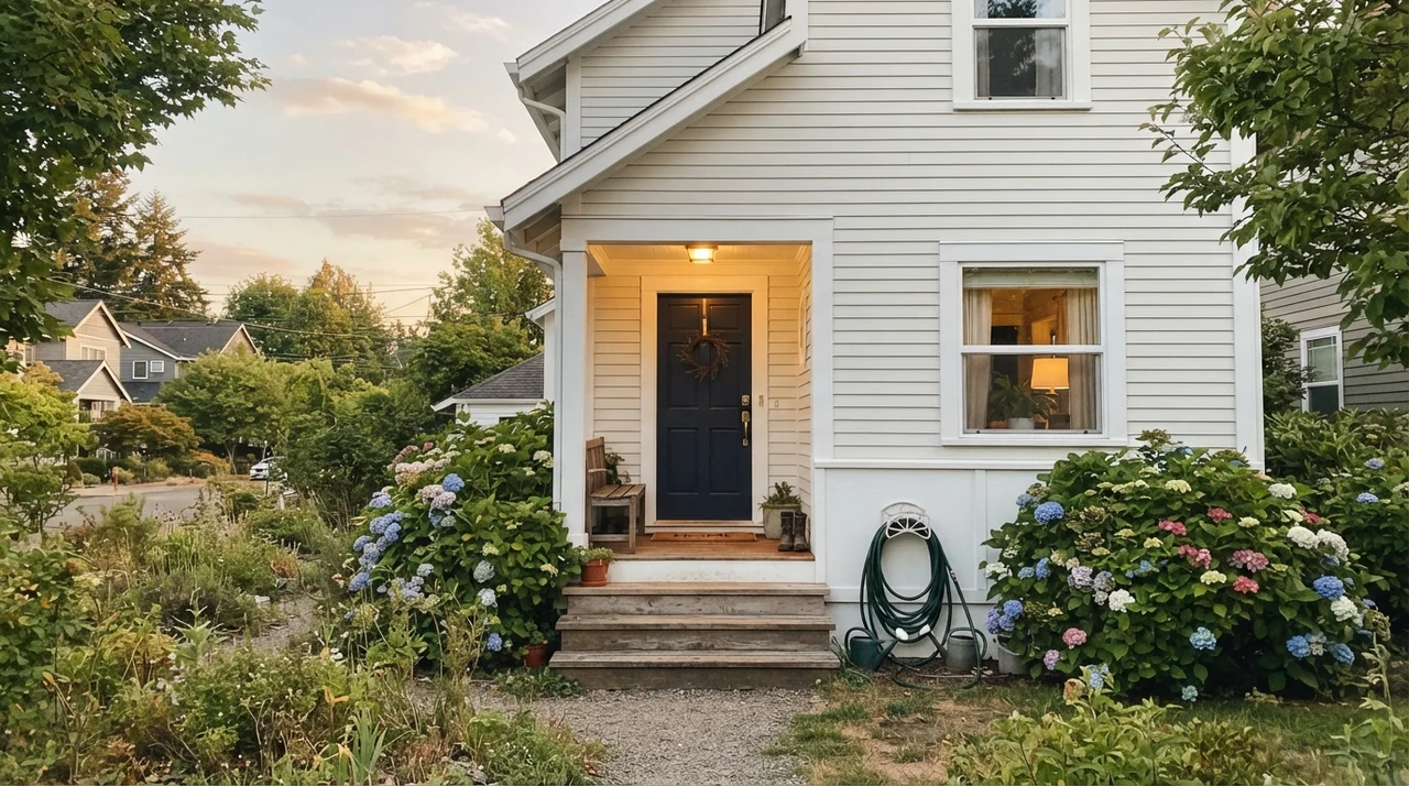 House exterior with horizontal siding painted Extra White, dark navy front door, and porch.
