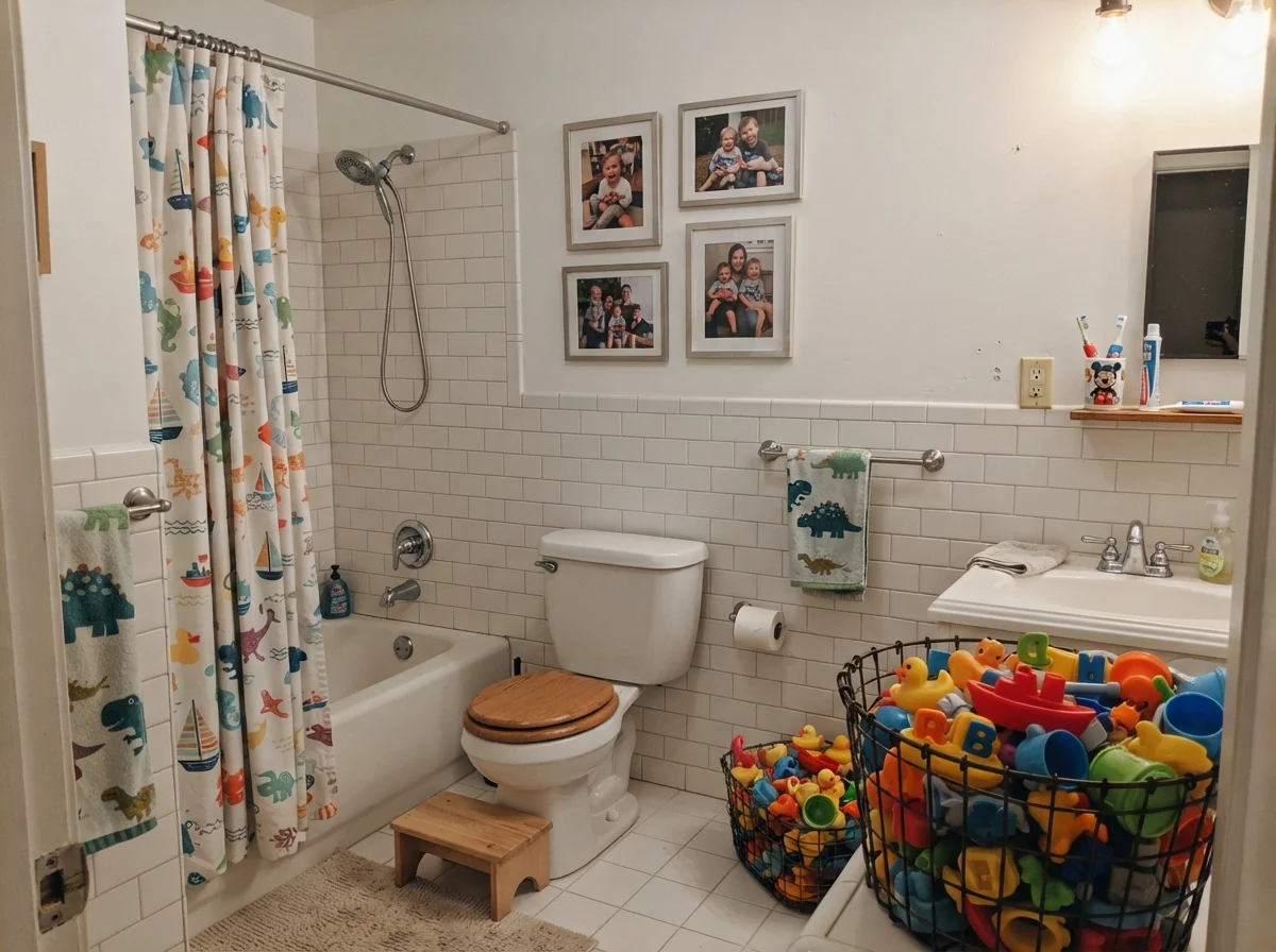 Kids' bathroom with painted walls over white subway tile, bath toys, and framed photos.