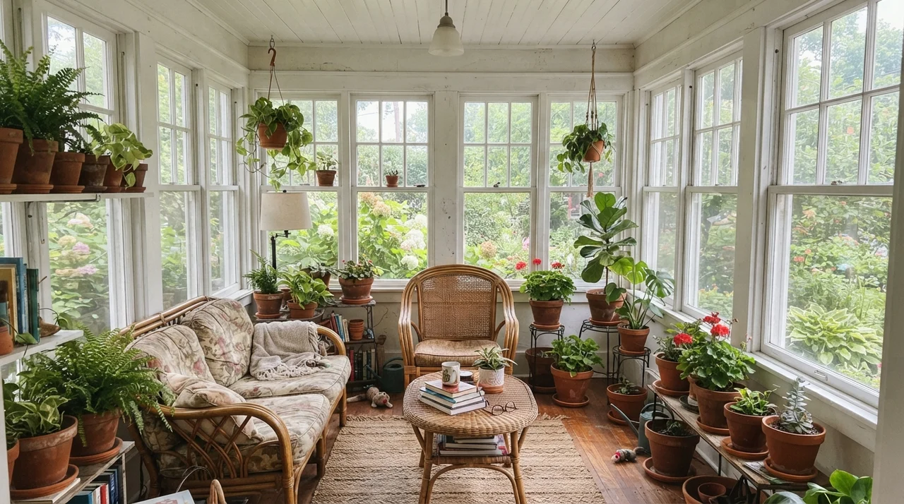 Sunroom with painted walls, rattan furniture, and abundant potted greenery.
