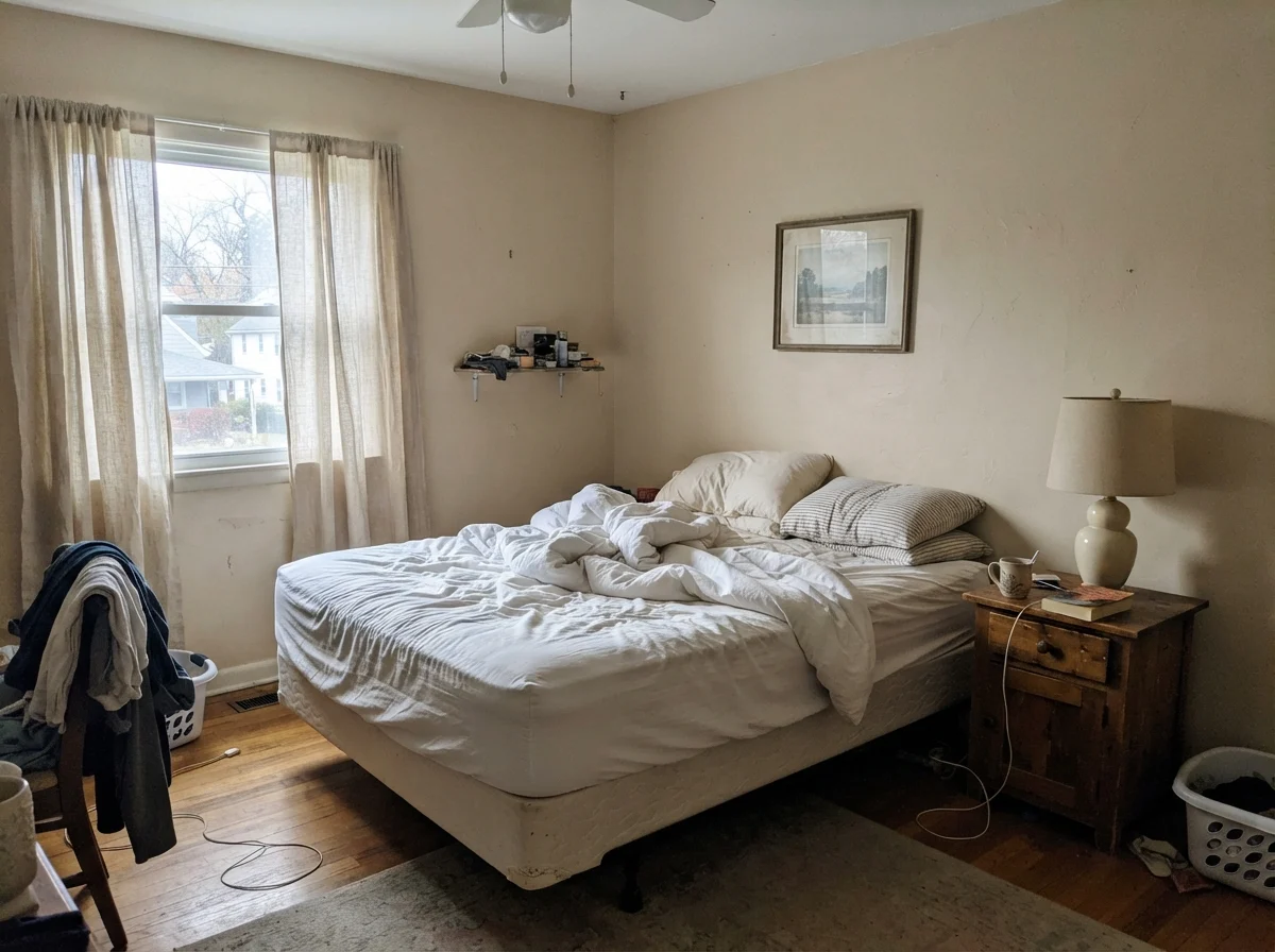 Bedroom in cool early morning light showing pale Kilim Beige walls with unmade white bedding and a wood nightstand.