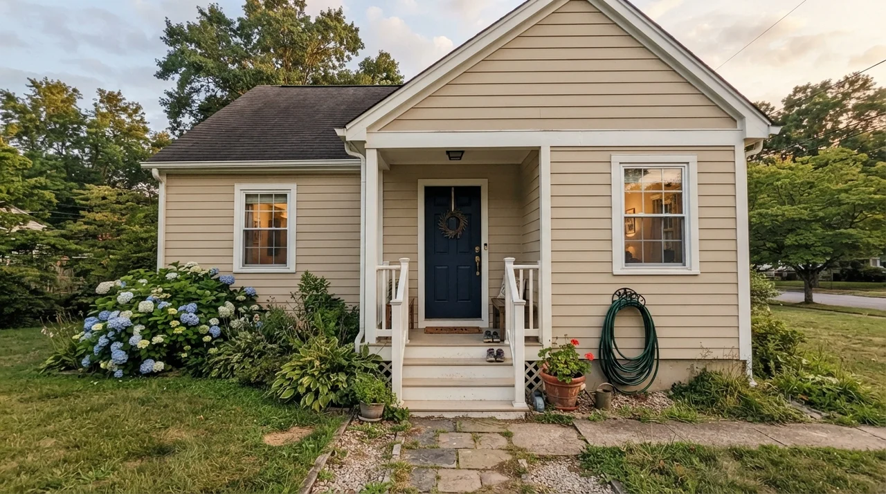 House exterior with Kilim Beige horizontal siding, crisp white trim, and a dark navy front door in evening light.