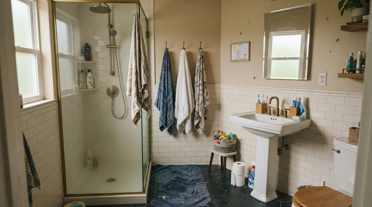 Family bathroom with Kilim Beige upper walls, white subway tile wainscot, brass fixtures, and a glass shower door.