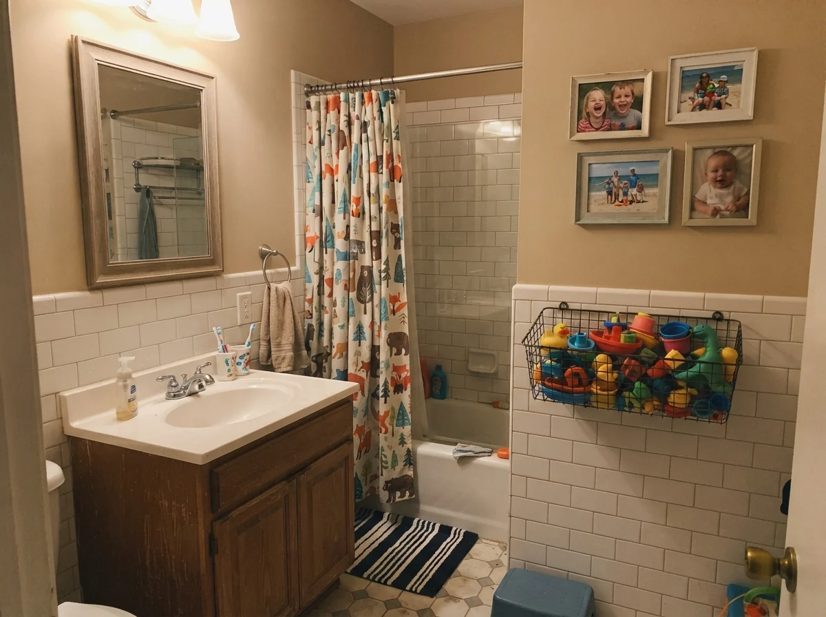 Kids bathroom with painted upper walls above subway tile, bath toys in a wire basket, under cozy evening light.
