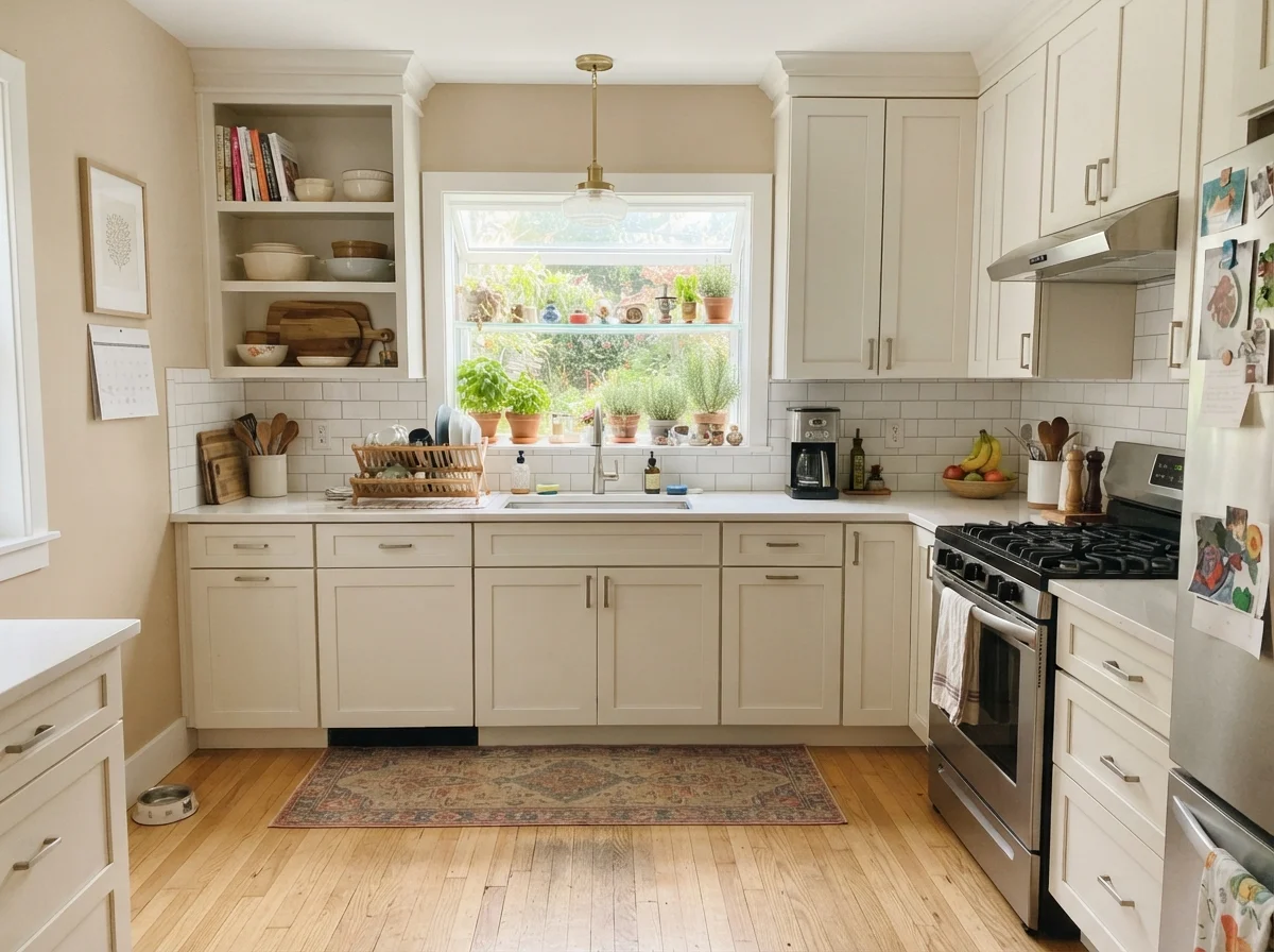 Kitchen shaker cabinets painted Kilim Beige paired with white subway tile and white counters.