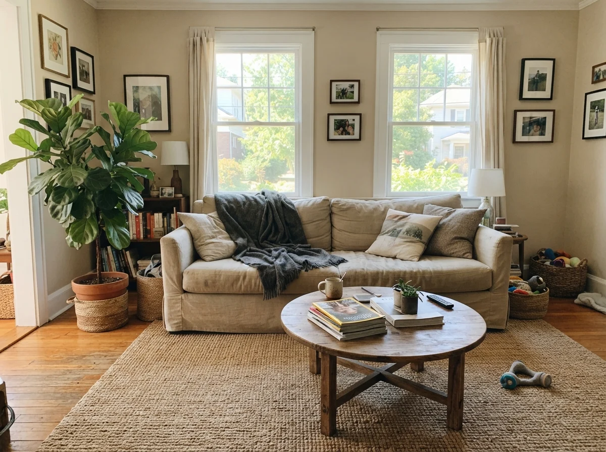 Living room with Kilim Beige walls in bright midday light with a linen sofa, jute rug, and wooden coffee table.