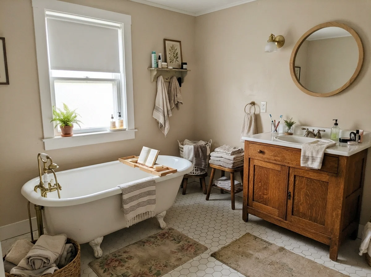 Cottage bathroom featuring white clawfoot tub, hex tile floor, warm oak vanity, framed mirror, and Natural Linen walls